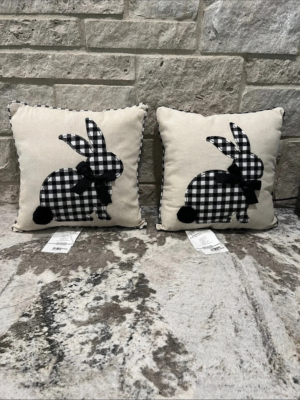 NEW Pair of Pier 1 Black and Cream Gingham Bunny Accent Pillows
